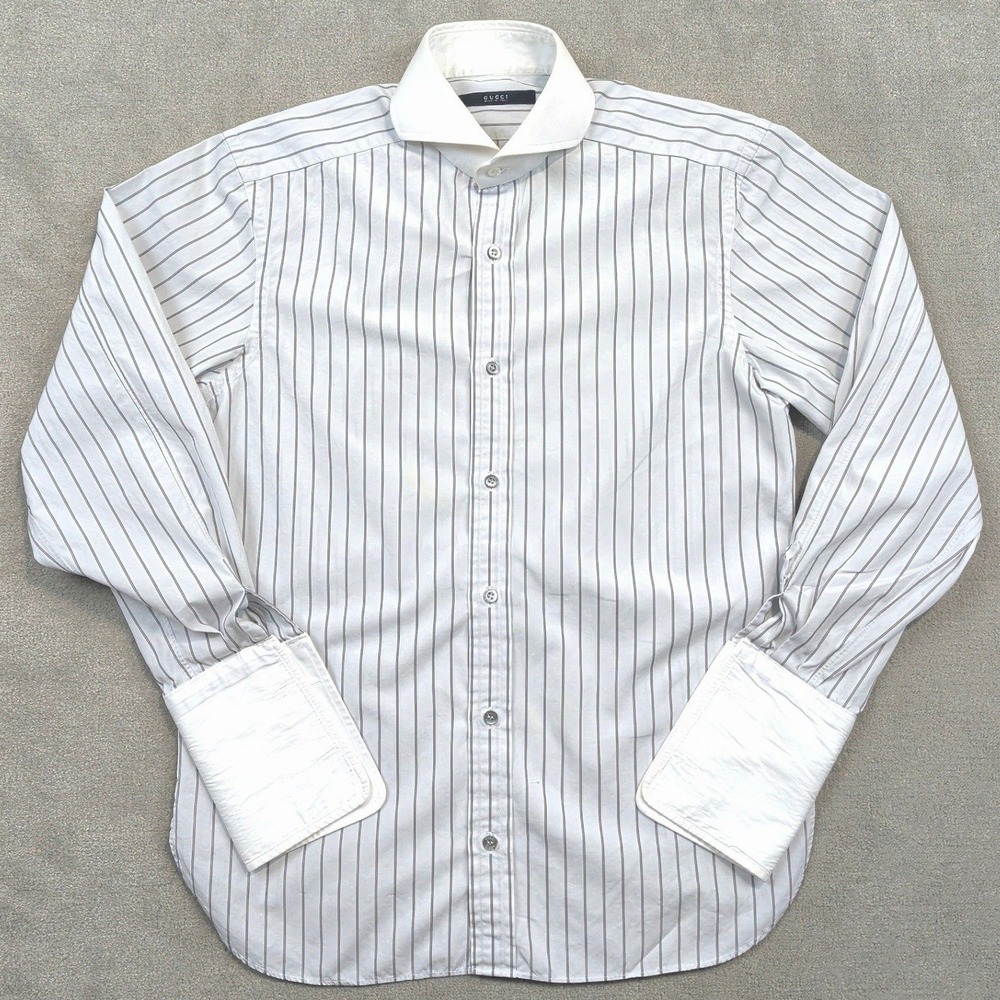 Gucci Mens Dress Shirt Size 15/38 White Grey Pinstripe French Cuff Italy Cotton